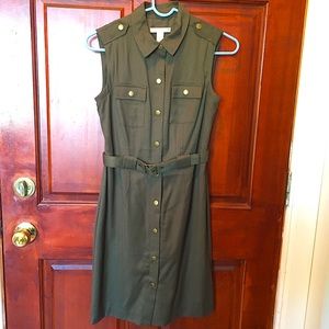 Army green sleeveless button-down dress
